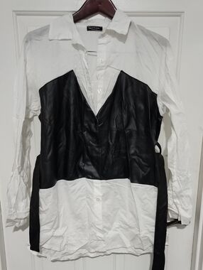 Nasty Gal Black & White Faux-Leather Panel Button-Up